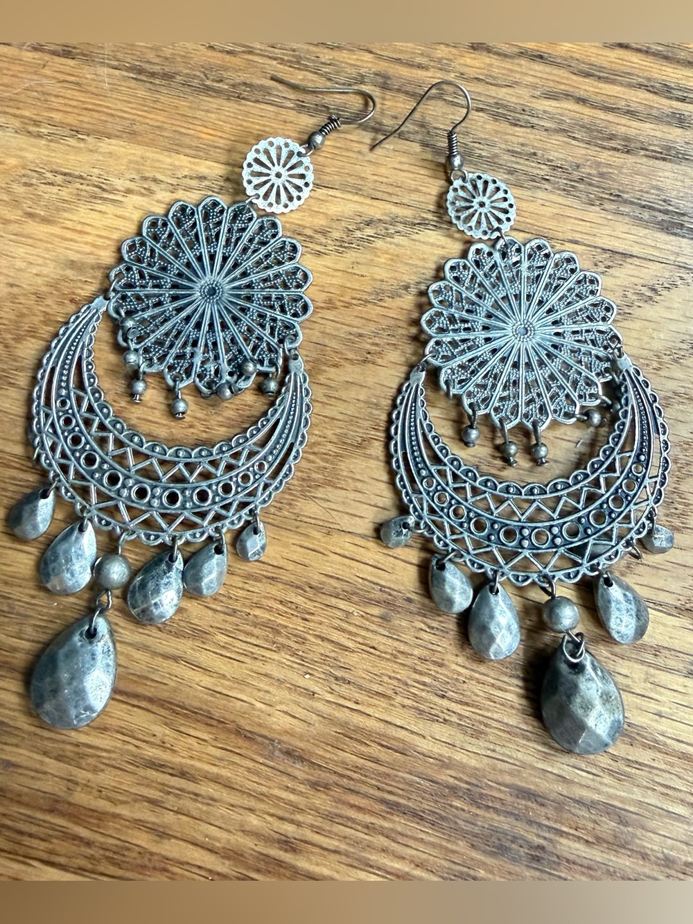 Bohemian Silver Tone Filigree Chandelier Statement Earrings